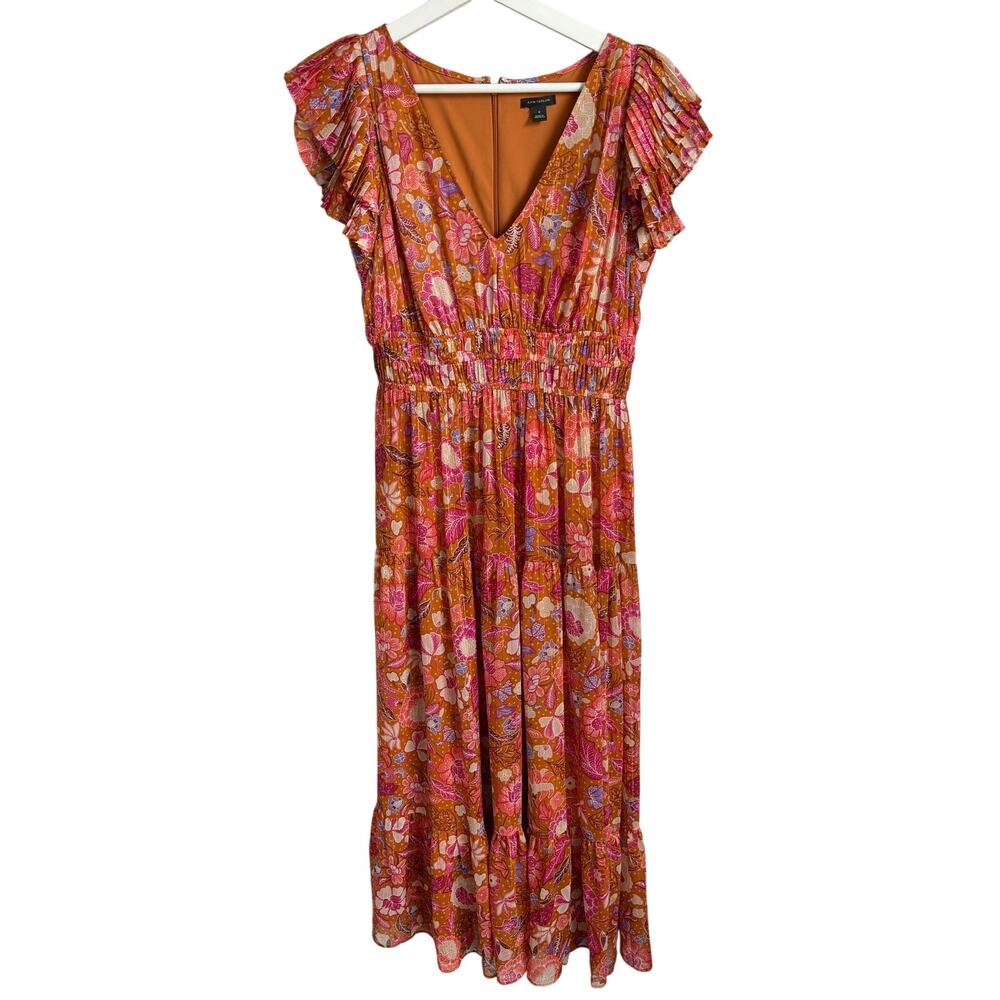 Ann Taylor Floral Print Flutter Sleeve V-Neck Maxi Dress Brown Multi Women's 0 - Picture 2 of 12